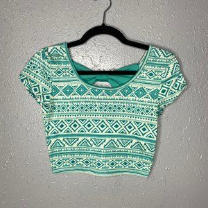 Teal Aztec Pattern Crop Top with Bow Back